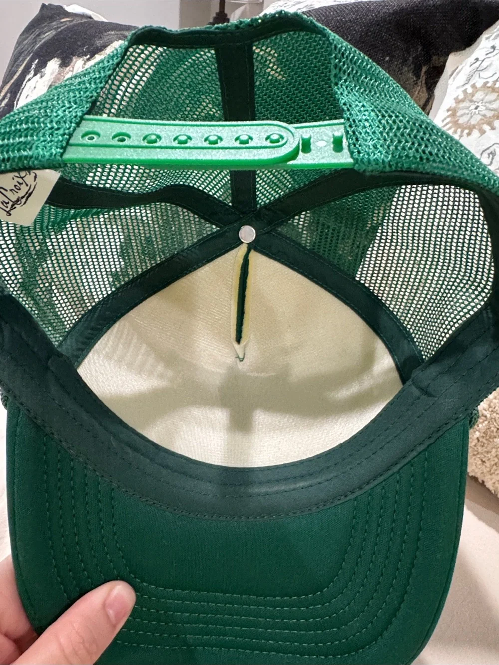 Green Trucker Hat with Pink Logo and keychain